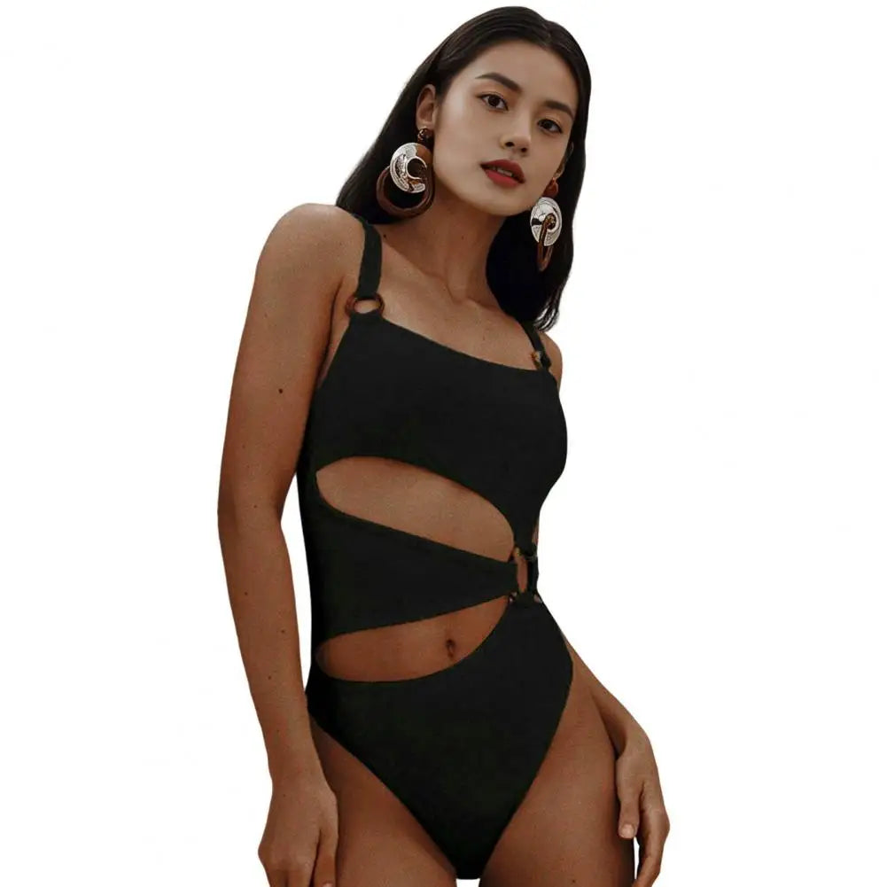 One-piece Women's Swimsuit Solid Color Square Neck Women's Bikini With Padded Elegant Hollow Design Beach Vacation Swimwear
