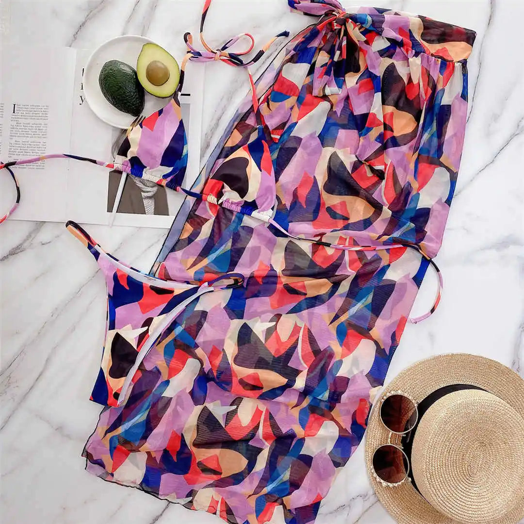 New Cube Printed Halter Bikini Female Swimsuit Women Swimwear Three-pieces Bikini set With Sarong Bather Bathing Suit Swim V2804