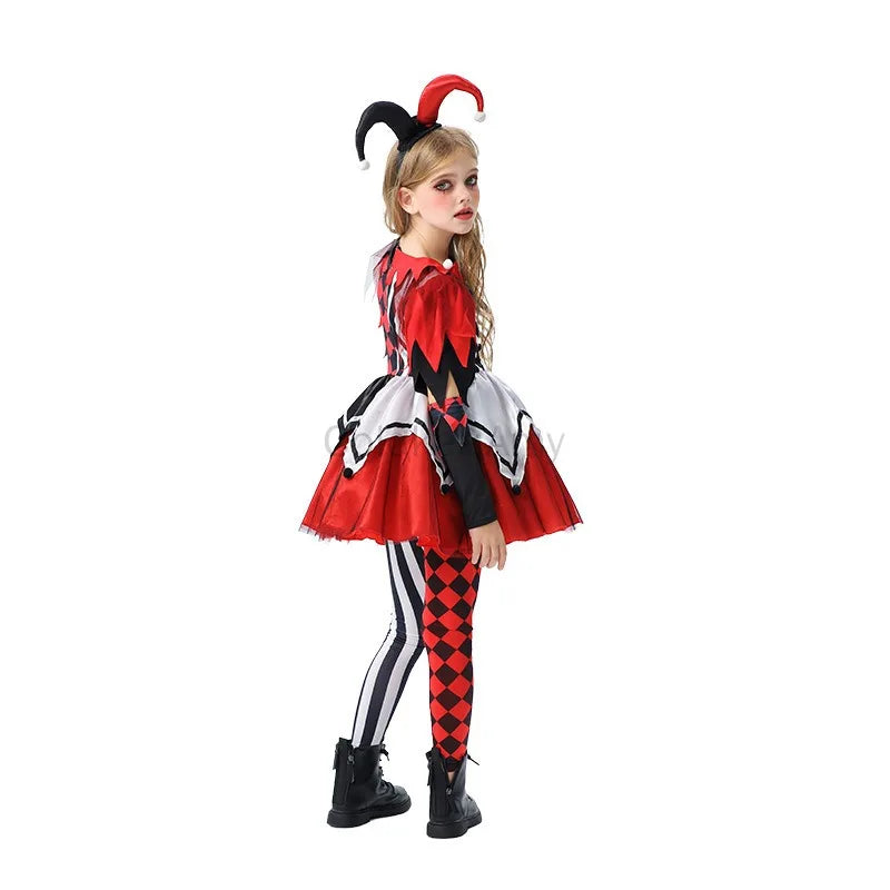 Naughty Girls Clown Costume Kids Circus Scary Tutu Dress Halloween Cosplay Costumes Carnival Party Jester Dress Up Full Set