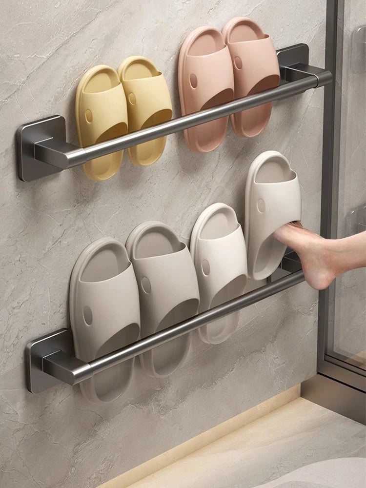 Wall Mounted Towel Holder Slipper Rack Bathroom Storage Rack Holder Without Drilling Bathroom Horizontal Bar Towel Rack