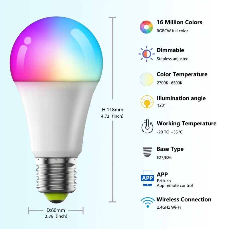 220V 110V WiFi Smart LED Bulb 9W 10W E27/E26 RGB+CCT Indoor Light Alexa Google Home Together APP Timing Dimming