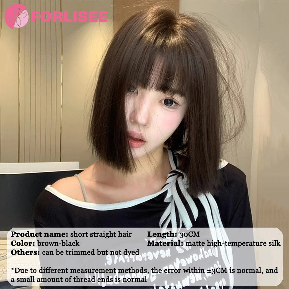 FORLISEE Synthetic Wig Short Black Brown with Bangs for Women Bob Straight Wig High Temperature Daily Cosplay Party Wigs