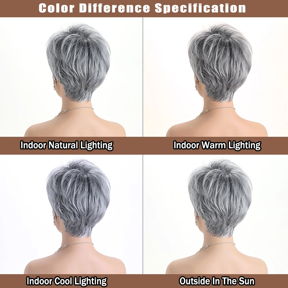 Short Natural Wigs with Bangs Soft Mommy Hair Daily Use Short Grey Ombre Curly Synthetic Hair Costume Party Wig for Women