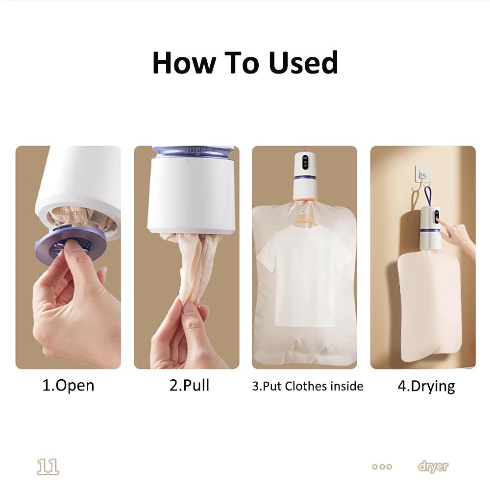Pocket style mini dryer, silent integrated foldable dryer, household portable clothes dryer, business trip drying tool.