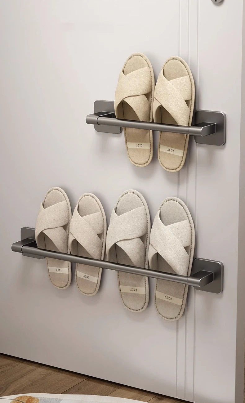 Wall Mounted Towel Holder Slipper Rack Bathroom Storage Rack Holder Without Drilling Bathroom Horizontal Bar Towel Rack