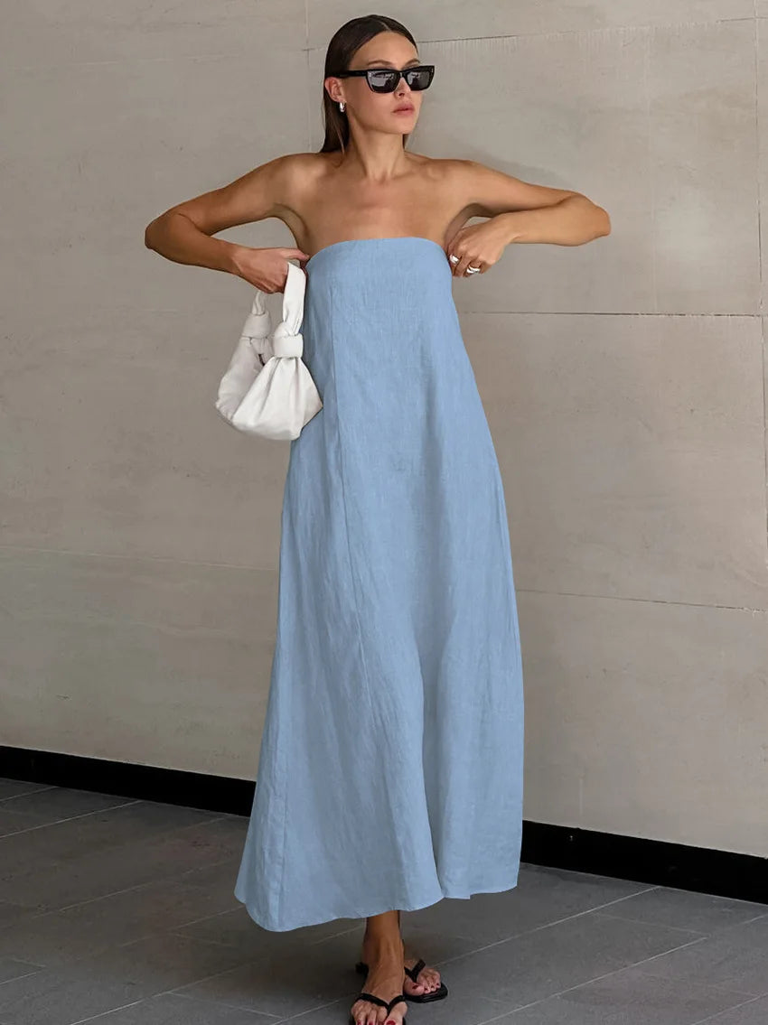 Minimalist Cotton Linen Design Strapless Dress Summer Women's Personal Street Elastic Backless Pocket Vacation Beach Dress