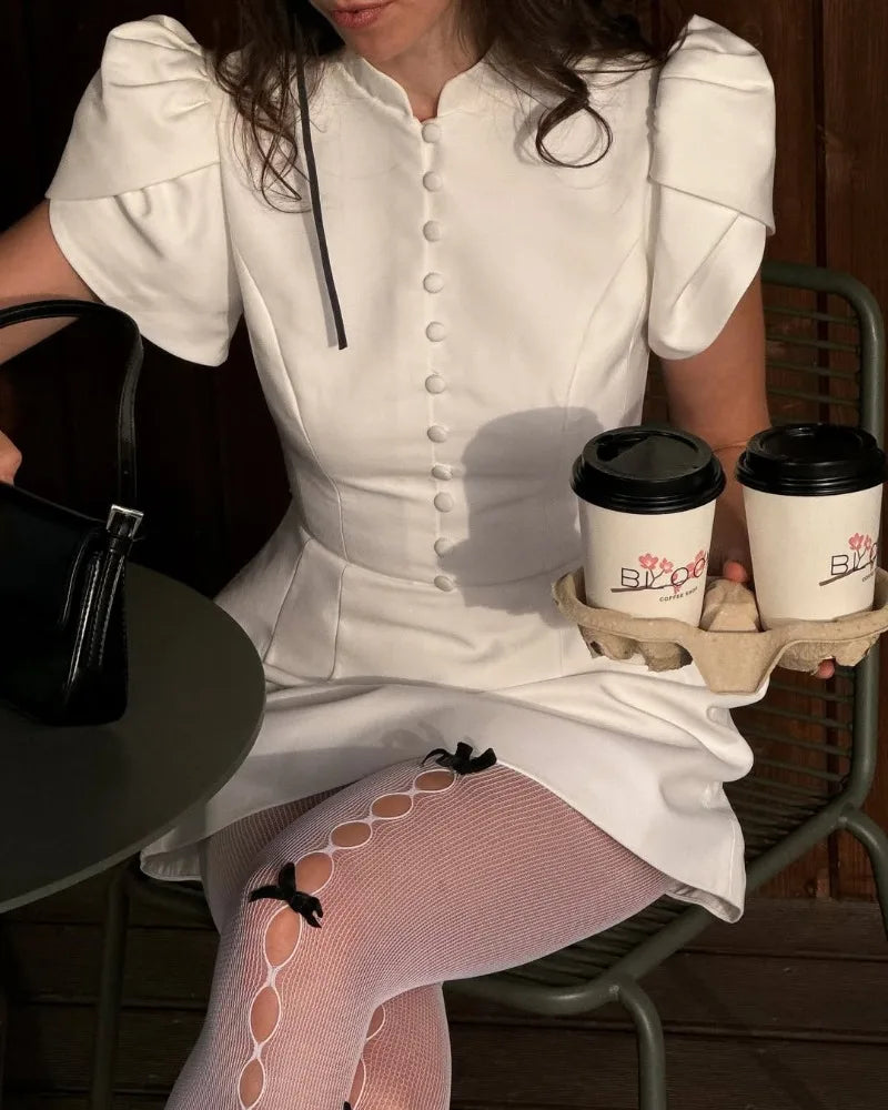 Trendix Button Patchwork Elegant Dress For Women Fashion Pleated Short Sleeve Short Dresses Femme Office Commuter A-Line Dress