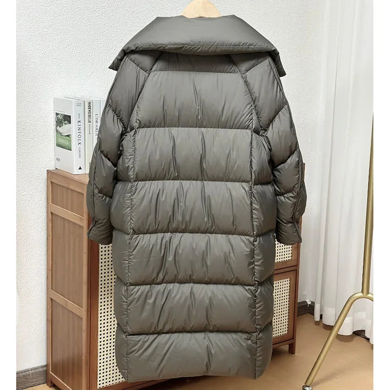 Schinteon Women White Duck Down Long Jacket Autumn Winter Warm Casual Over Size Loose Outwear Soft Comfortable Fashion Coat New