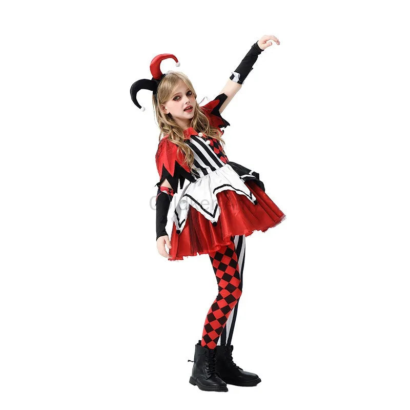Naughty Girls Clown Costume Kids Circus Scary Tutu Dress Halloween Cosplay Costumes Carnival Party Jester Dress Up Full Set