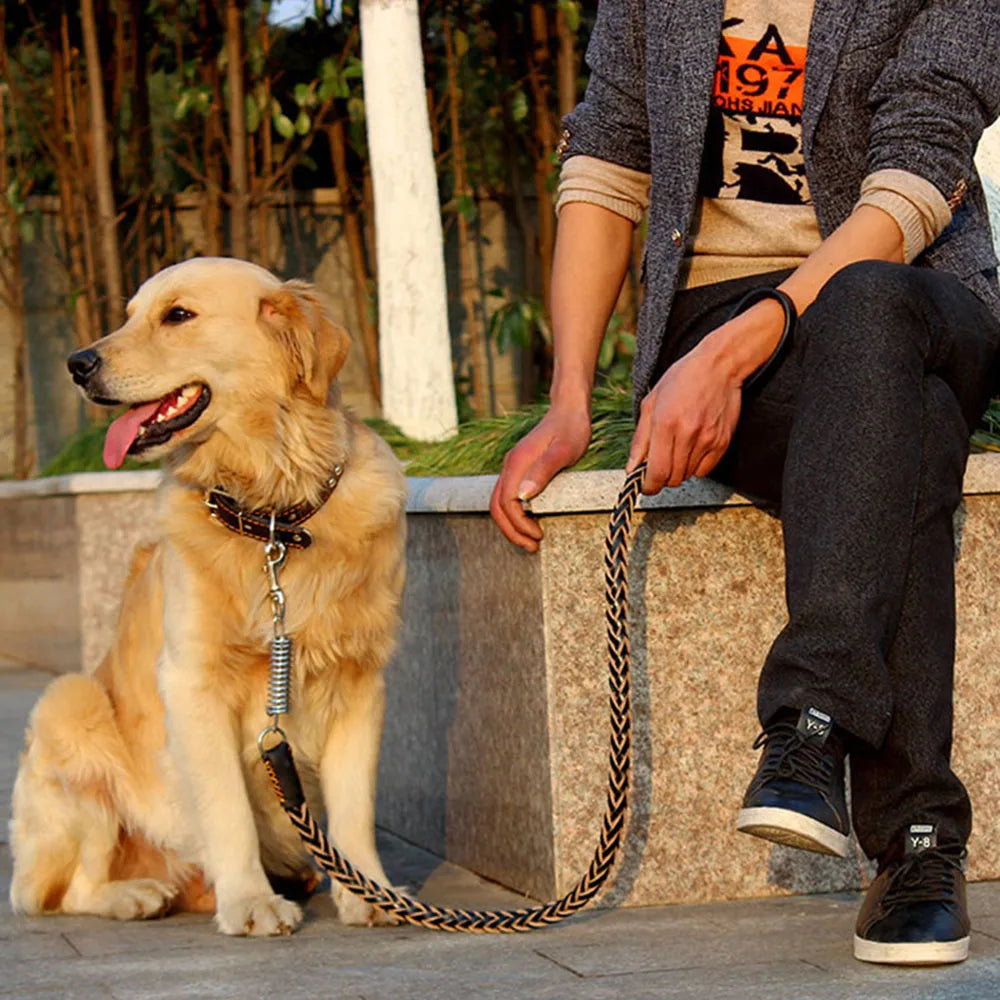 Strong Durable Real Leather Large Dog Leash with No Pull Buffer Spring Leather Braided Dog Training Leash Pet Leads Dog Chain