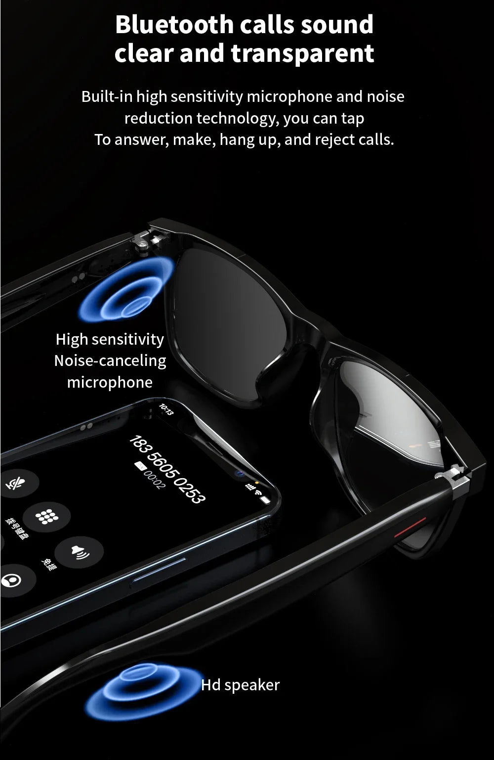For Xiaomi E13 Smart Glasses:Blue Light Filtering Polarized Sunglass Lenses Audio Built-in Mic & Speakers Touch Voice Assistant