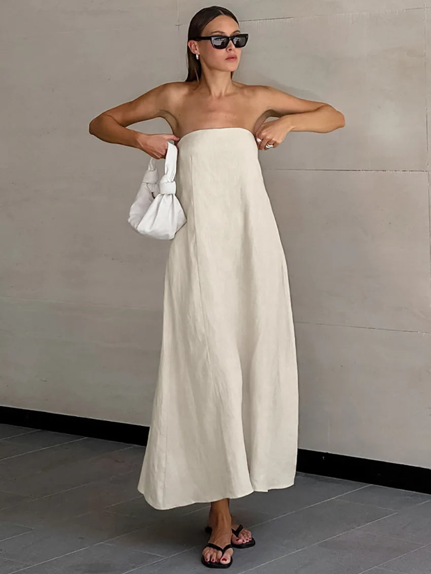 Minimalist Cotton Linen Design Strapless Dress Summer Women's Personal Street Elastic Backless Pocket Vacation Beach Dress