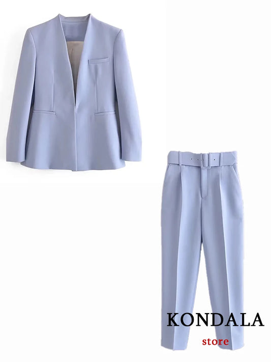 KONDALA Office Lady Light Blue Blazer Suits Women 2 Pieces V Neck Loose Jackets+High Waist Sashes Pants Fashion 2023 Autumn Sets