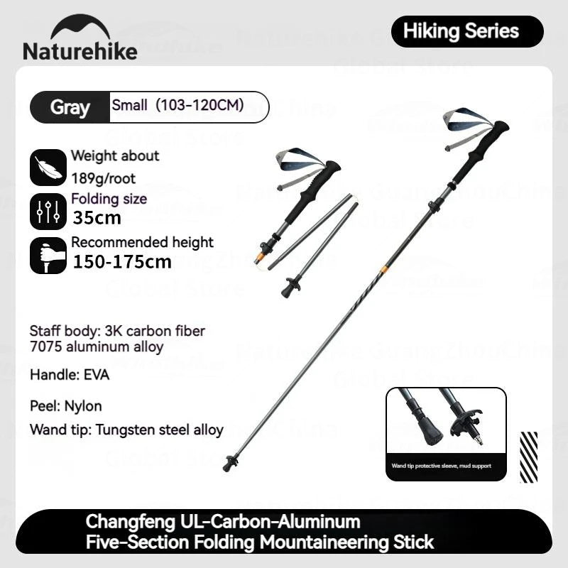 Naturehike 5-Section Walking Stick Pole Carbon Fiber Aluminum Alloy Folding Teleskopic Ultralight Trekking Hiking Canes UL Pro