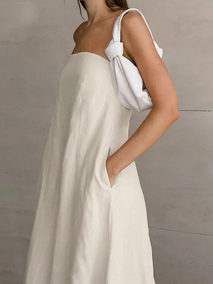 Minimalist Cotton Linen Design Strapless Dress Summer Women's Personal Street Elastic Backless Pocket Vacation Beach Dress