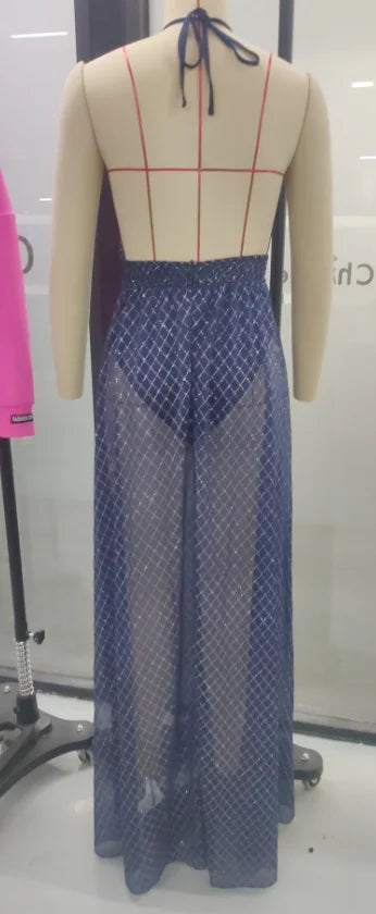 Womens Dresses Summer Sexy Split Thigh Halter Backless Deep V-Neck Sleeveless Skinny Maxi Party Prom Long Dress