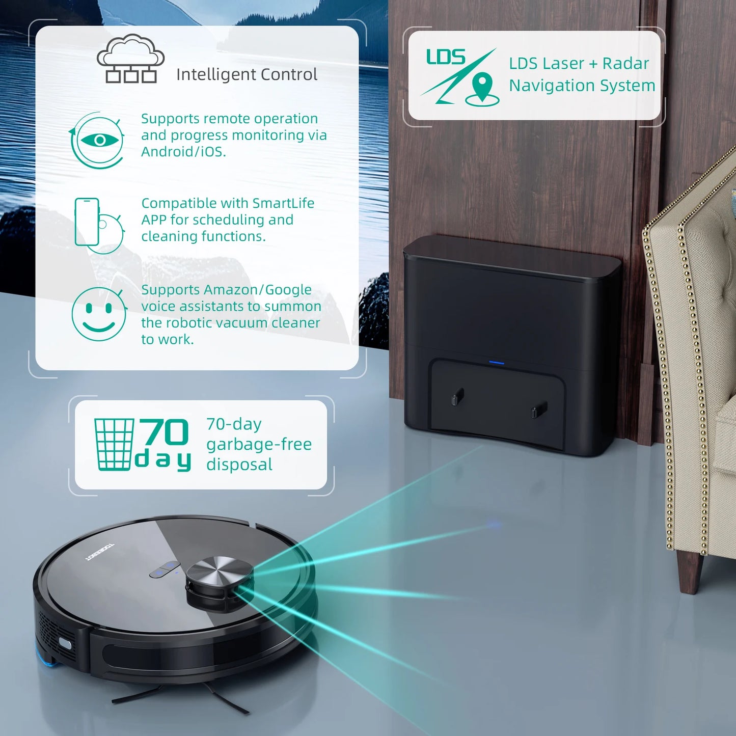 TOQEEBOT cleaning vacuum robot, 4500Pa suction power, 2.5L automatic emptying station, laser radar navigation, Wifi/app/Alexa