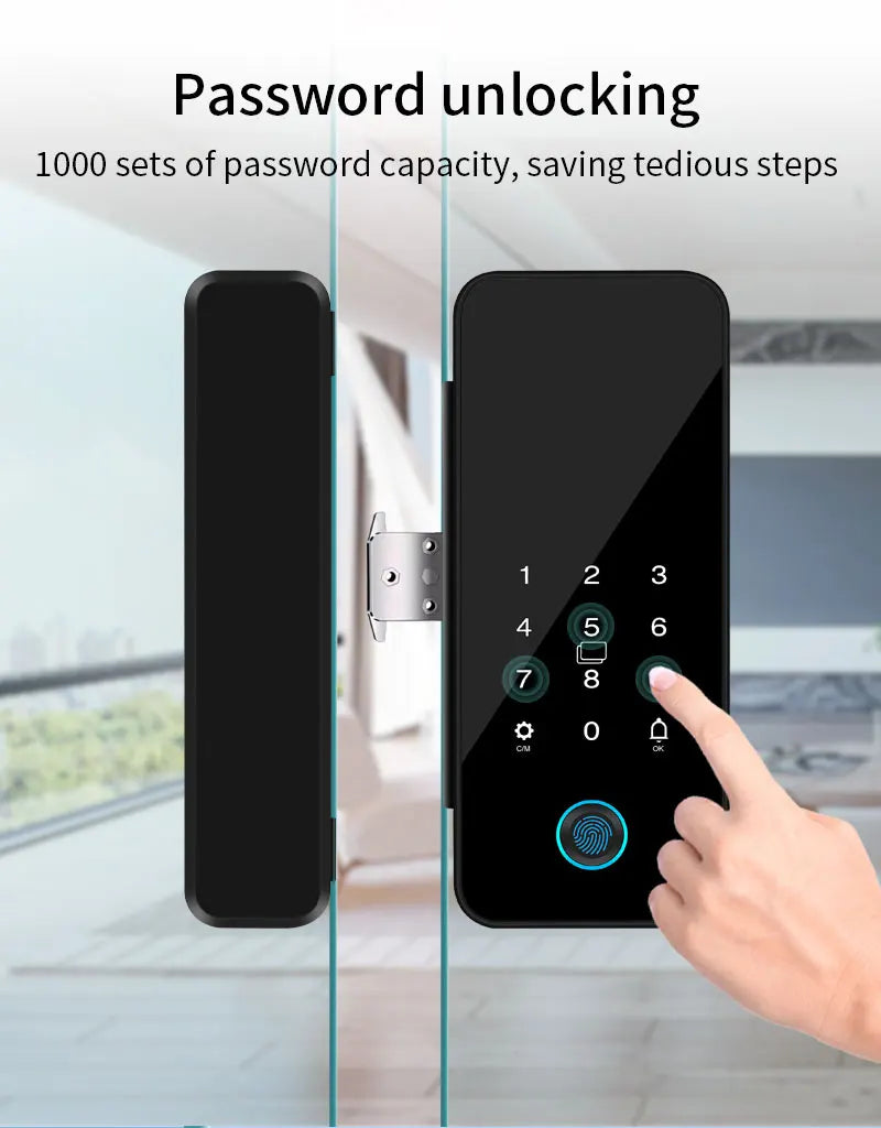 Tuya APP Glass Door Fingerprint Lock Bluetooth Smart Biometric Electronic Office Glass Door Lock 13.56Mhz RFID IC Keyless Unlock