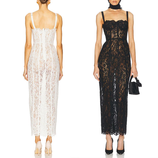 Black Lace Patwork Sleeveless Maxi Dress for Women 2025 Summer Sexy Bodycon Party Dresses Fashion Summer Celebrity Club Wear