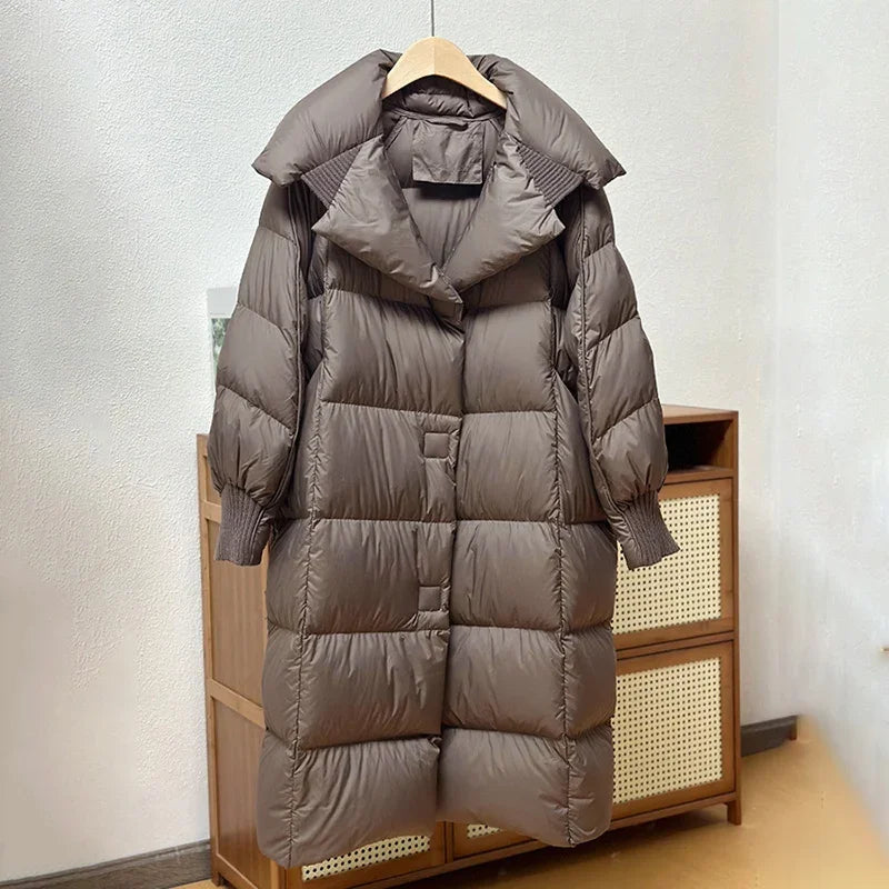 Schinteon Women White Duck Down Long Jacket Autumn Winter Warm Casual Over Size Loose Outwear Soft Comfortable Fashion Coat New