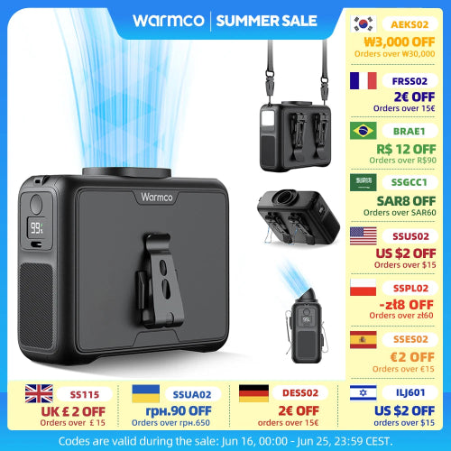 Warmco 20000mAh Portable Neck Waist Fan 72H Battery 4Speeds 15000RPM Clip On Wearable Belt Cooling Fan LED Flashlight Power Bank