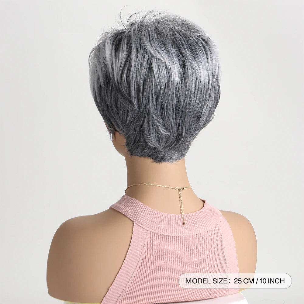 Short Natural Wigs with Bangs Soft Mommy Hair Daily Use Short Grey Ombre Curly Synthetic Hair Costume Party Wig for Women