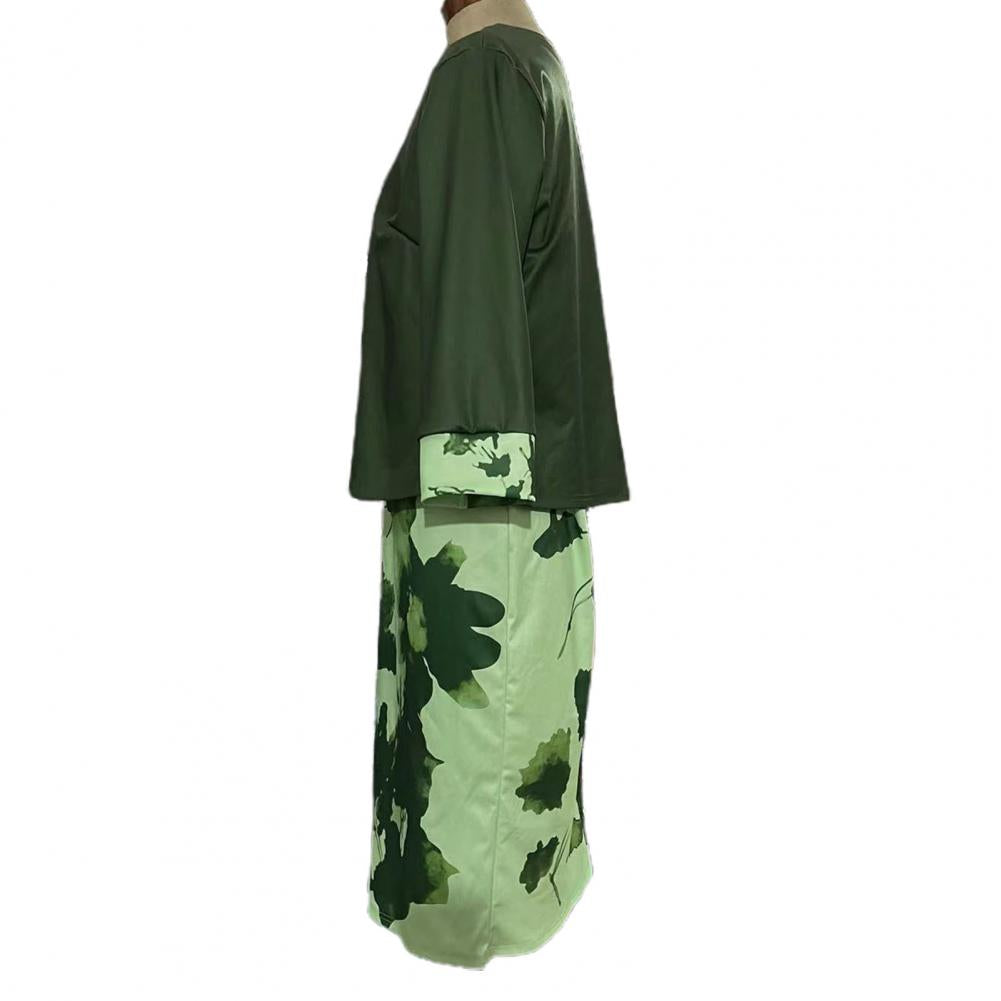 2 Pcs/Set Women Coat Dress Suits Set Floral Print Sheath Midi Dress Open Stitch Dress Suit Jacket Women Outfit Set
