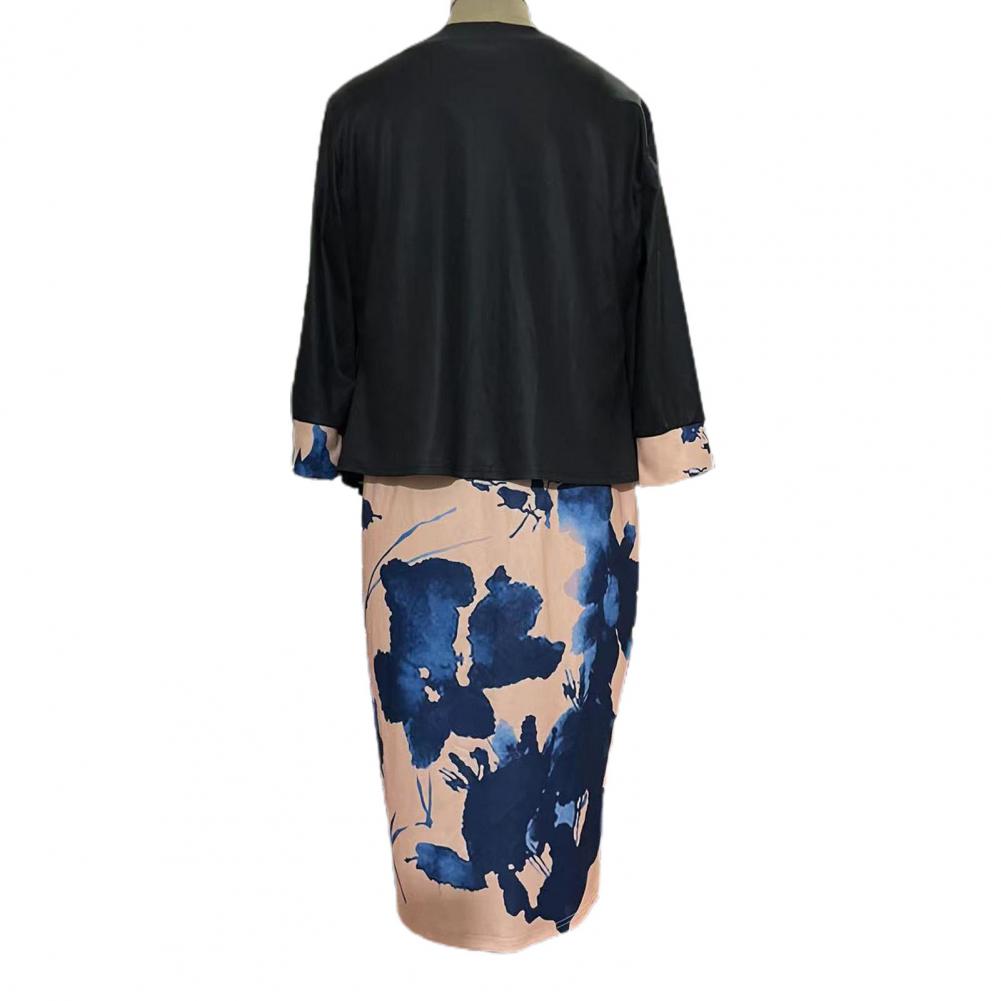 2 Pcs/Set Women Coat Dress Suits Set Floral Print Sheath Midi Dress Open Stitch Dress Suit Jacket Women Outfit Set
