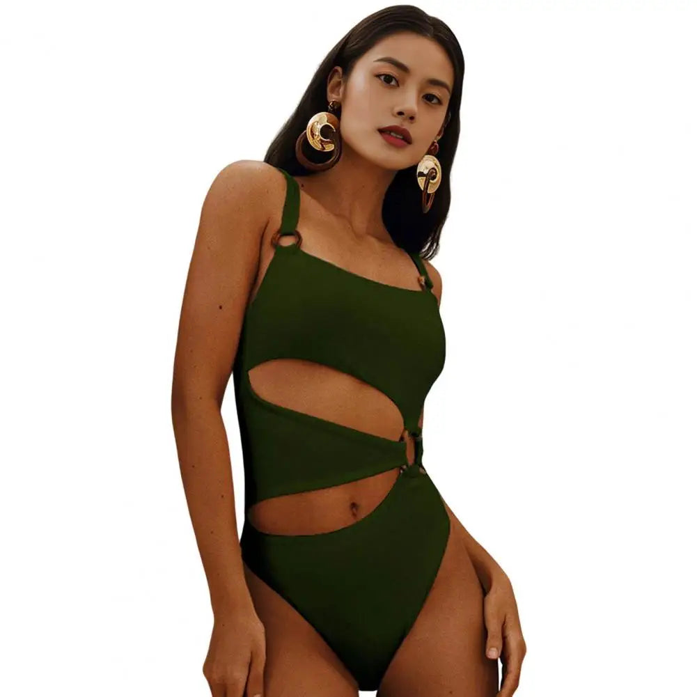 One-piece Women's Swimsuit Solid Color Square Neck Women's Bikini With Padded Elegant Hollow Design Beach Vacation Swimwear