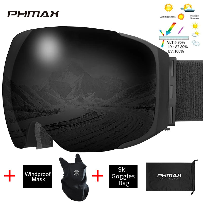 PHMAX Magnetic Ski Goggles UV400 Skiing Eyewear Anti-fog Lens Women Men Winter Outdoor Sports Mountain Snowboard Big Snow Goggle