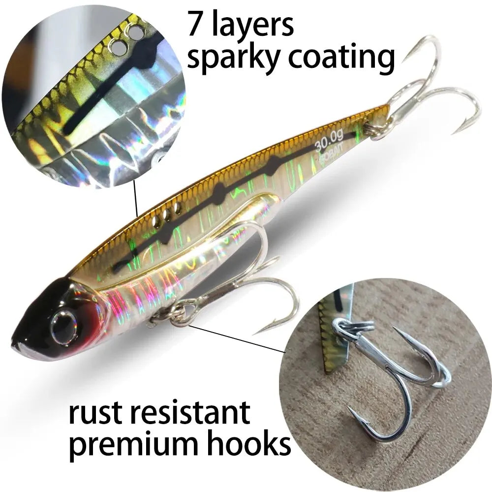 GOBAIT VIB Fishing Lure 20g 25g 30g Metal Jig Sinking Blade Treble Hook Spinner Spoon Cast RATION Carbon Steel Tackle Hard Bait