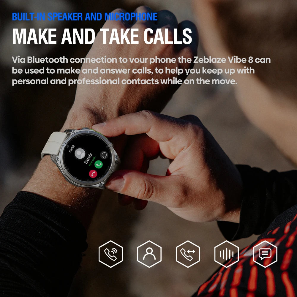 NEW 2025 Zeblaze VIBE 8 Voice Call Smart Watch 1.43" AMOLED Display Heart Rate Blood Pressure Multi-Sport Modes Smart Watch