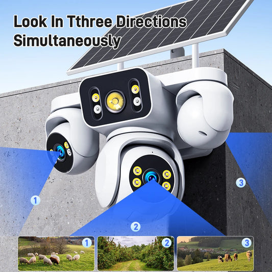 8K 15MP Triple Screen Solar Security Camera 4G LTE Wireless Solar Surveillance Cam 12X Zoom 12000mAh Security Protection CCTV