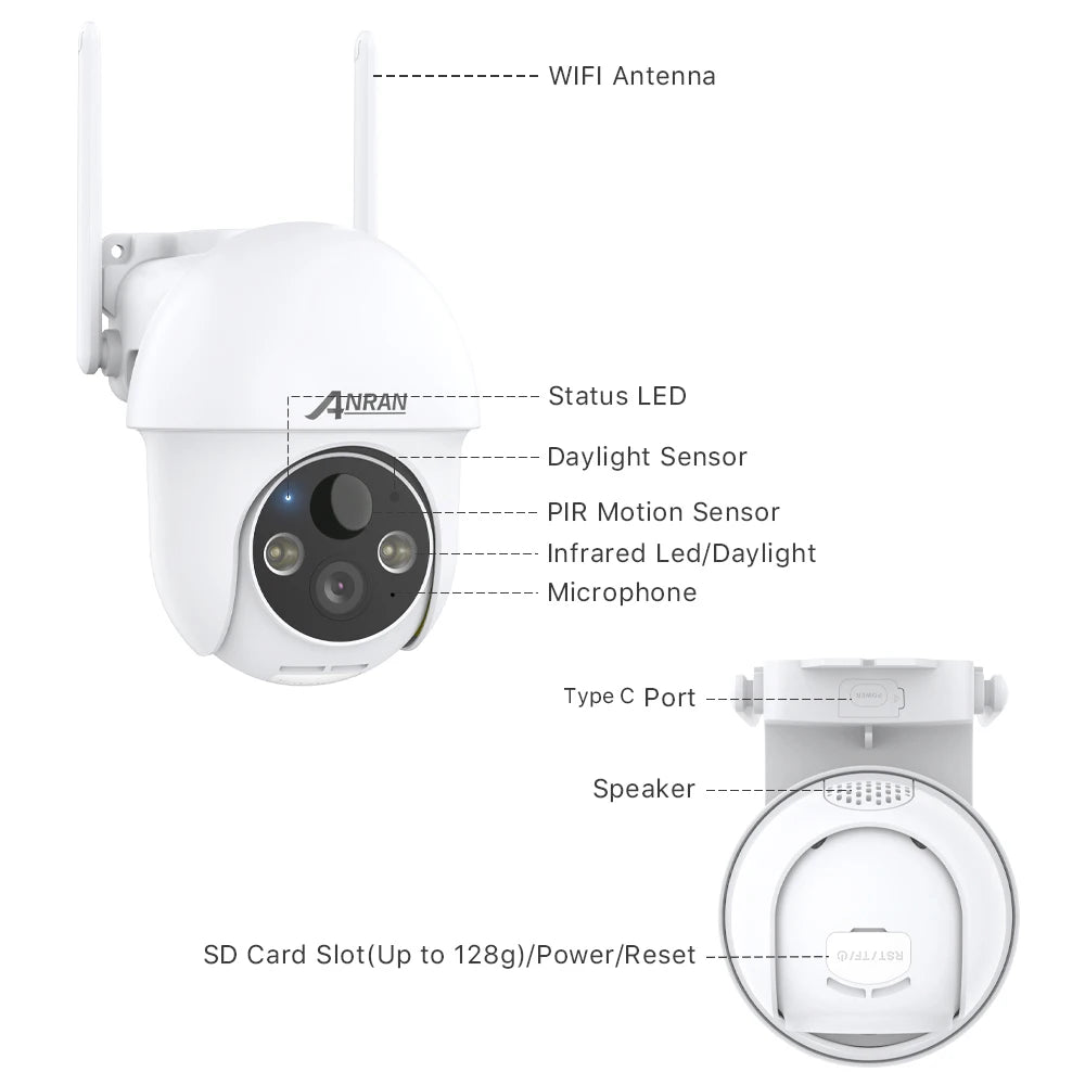 ANRAN 5MP 2K Solar Camera Rechargeable Battery PIR Humanoid Detection Outdoor PTZ Wireless WIFI Camera Full Color Night Vision