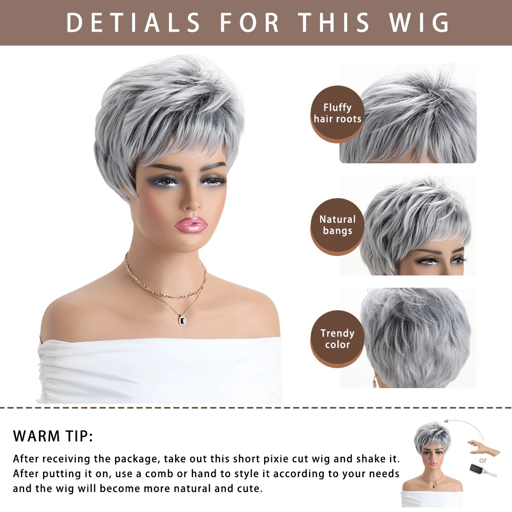 Short Natural Wigs with Bangs Soft Mommy Hair Daily Use Short Grey Ombre Curly Synthetic Hair Costume Party Wig for Women