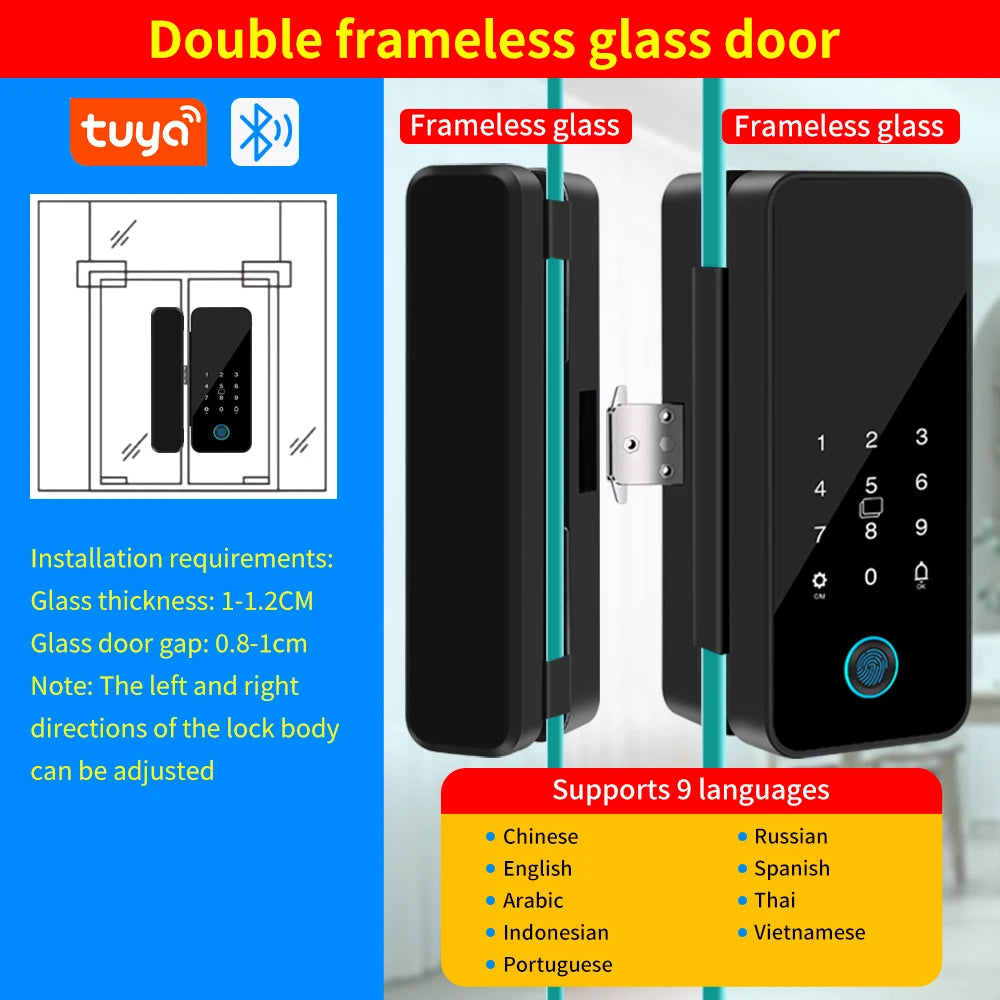 Tuya APP Glass Door Fingerprint Lock Bluetooth Smart Biometric Electronic Office Glass Door Lock 13.56Mhz RFID IC Keyless Unlock
