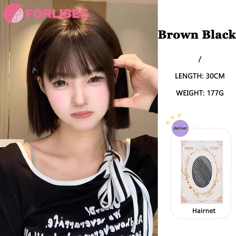 FORLISEE Synthetic Wig Short Black Brown with Bangs for Women Bob Straight Wig High Temperature Daily Cosplay Party Wigs