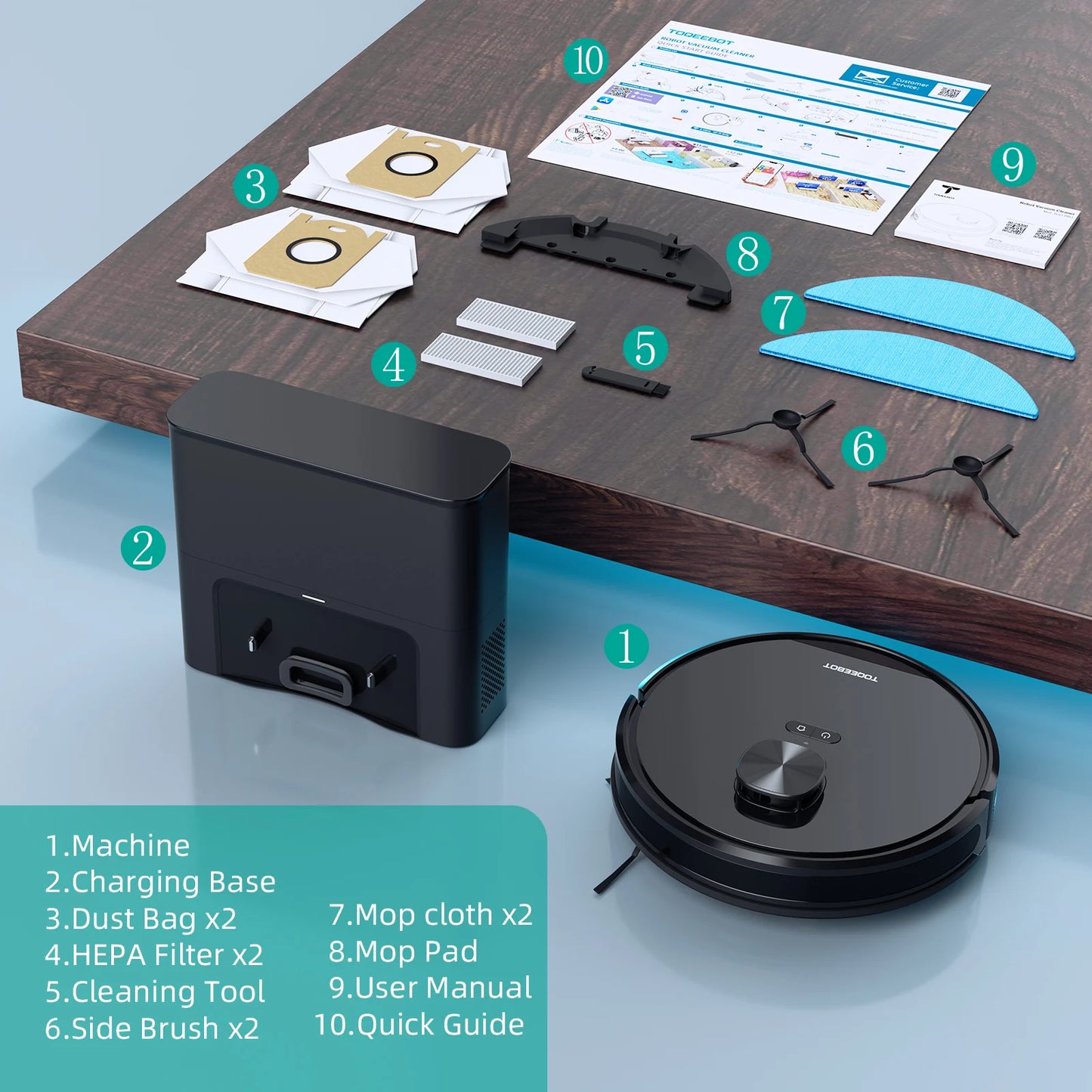 TOQEEBOT cleaning vacuum robot, 4500Pa suction power, 2.5L automatic emptying station, laser radar navigation, Wifi/app/Alexa