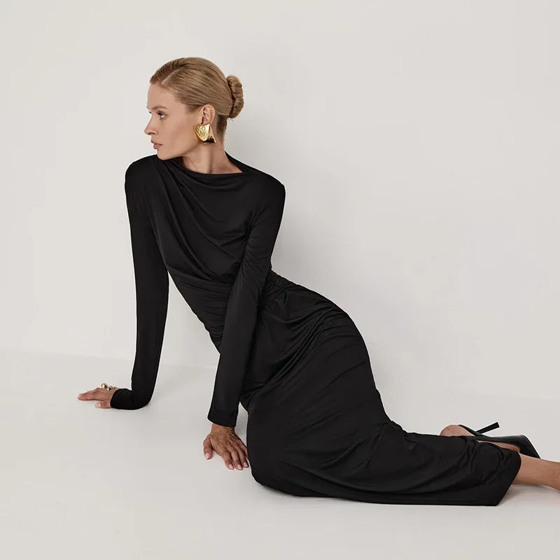 Tossy Pleated Slim Fashion Maxi Dress For Women Elegant High Waist Long Sleeve Bandage Autumn Dress Ladies Patchwork Long Dress