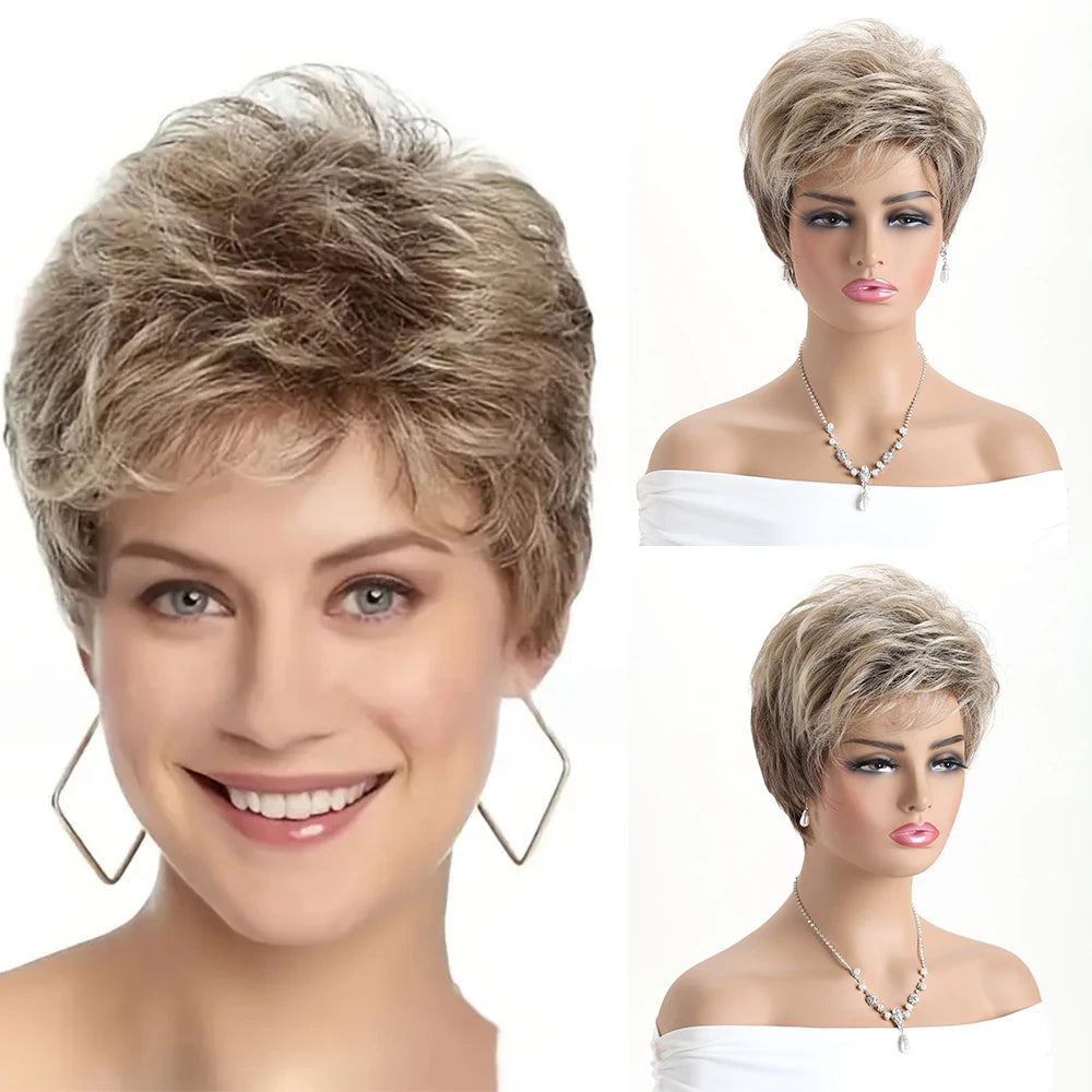 Short Natural Wigs with Bangs Soft Mommy Hair Daily Use Short Grey Ombre Curly Synthetic Hair Costume Party Wig for Women