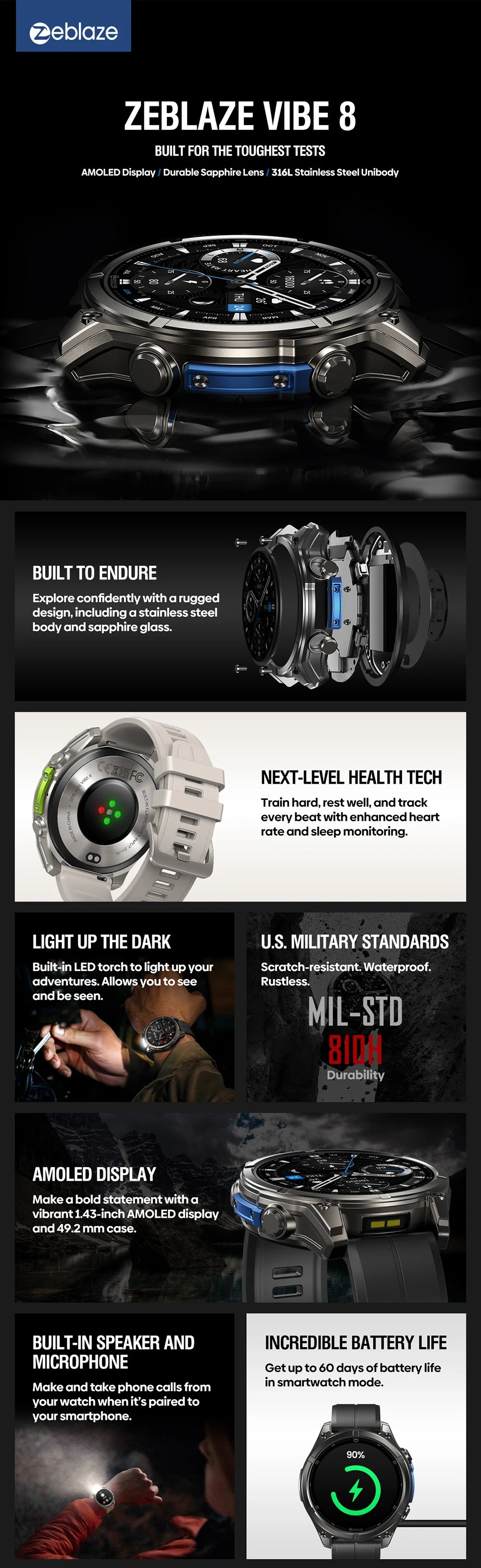 NEW 2025 Zeblaze VIBE 8 Voice Call Smart Watch 1.43" AMOLED Display Heart Rate Blood Pressure Multi-Sport Modes Smart Watch