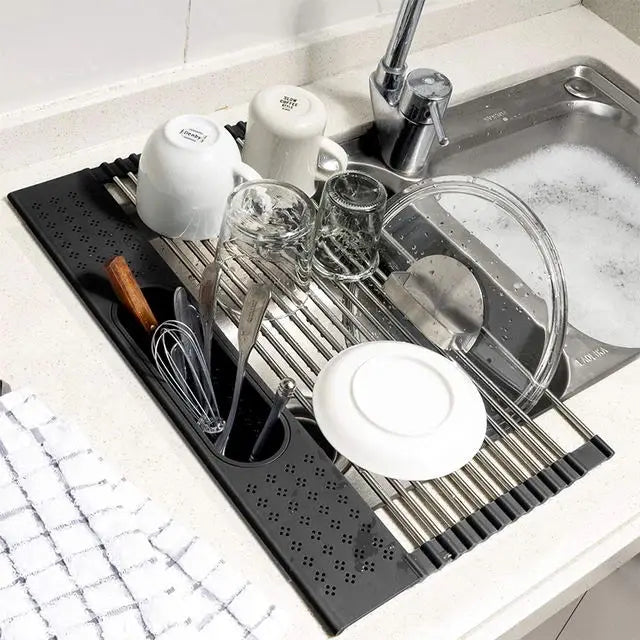 Kitchen Rolling Dish Drainer Roll Up Dish Drying Rack Over The Sink kitchen accessories,storage organization Foldable bowl shelf