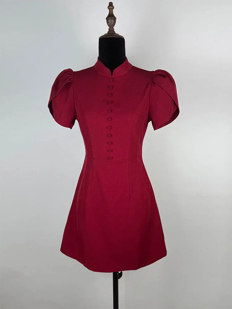 Trendix Button Patchwork Elegant Dress For Women Fashion Pleated Short Sleeve Short Dresses Femme Office Commuter A-Line Dress