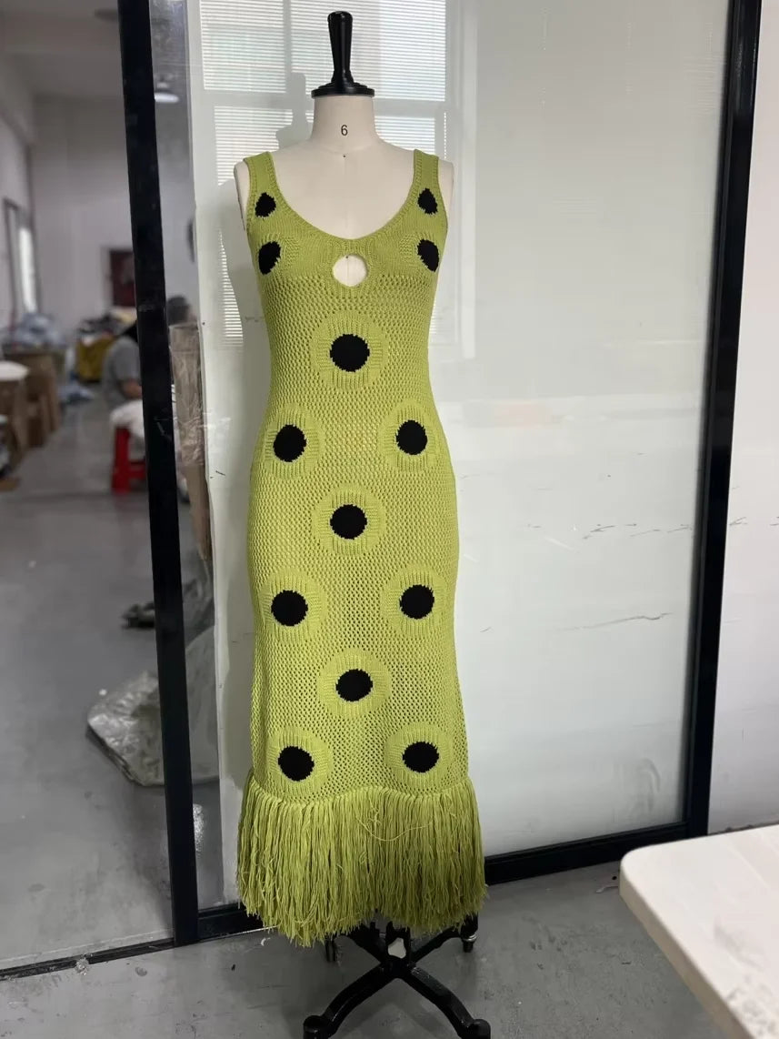 Designed Polka Dot Knitted Long Dress V Neck Hollow Out Fringe Hem Dresses 2025 Summer New Women's Elegant Party Evening Gown