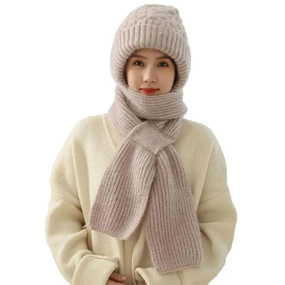 Winter Knitted Integrated Hat Scarf Set Cold Proof Ear Protection Scarf Warm Beanies Cycling Windproof Ladies Outdoor Caps