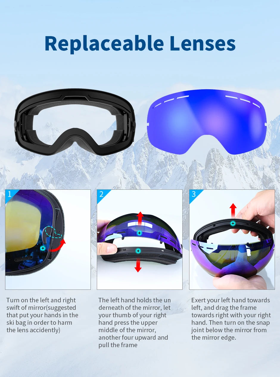 Snowboard Ski Goggles for Men Women UV400 Protection Anti-Fog Ski Glasses Ski Mask Big Face Snow Glasses Skiing Eyewear