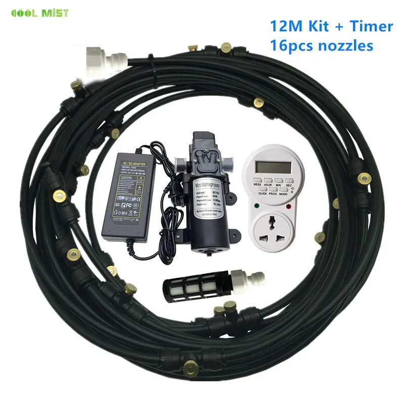 A29 Outdoor Misting Cooling System 12V Water Pump Kit Fog Nozzle For Greenhouse Garden Patio 8M -18M Timer Smart Irrigation Kits