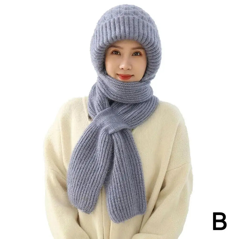 Winter Knitted Integrated Hat Scarf Set Cold Proof Ear Protection Scarf Warm Beanies Cycling Windproof Ladies Outdoor Caps
