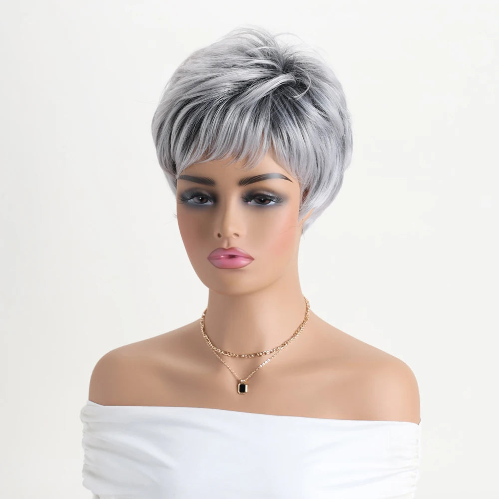 Short Natural Wigs with Bangs Soft Mommy Hair Daily Use Short Grey Ombre Curly Synthetic Hair Costume Party Wig for Women