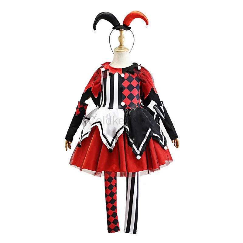 Naughty Girls Clown Costume Kids Circus Scary Tutu Dress Halloween Cosplay Costumes Carnival Party Jester Dress Up Full Set